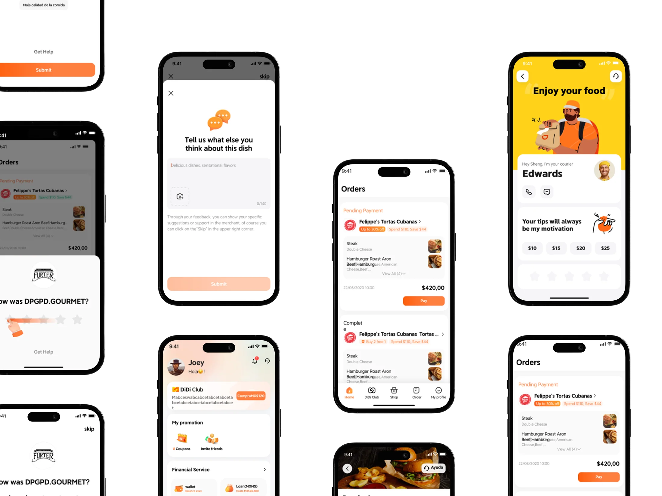 DiDi Food 首页、订单、评价与小费等产品界面集合