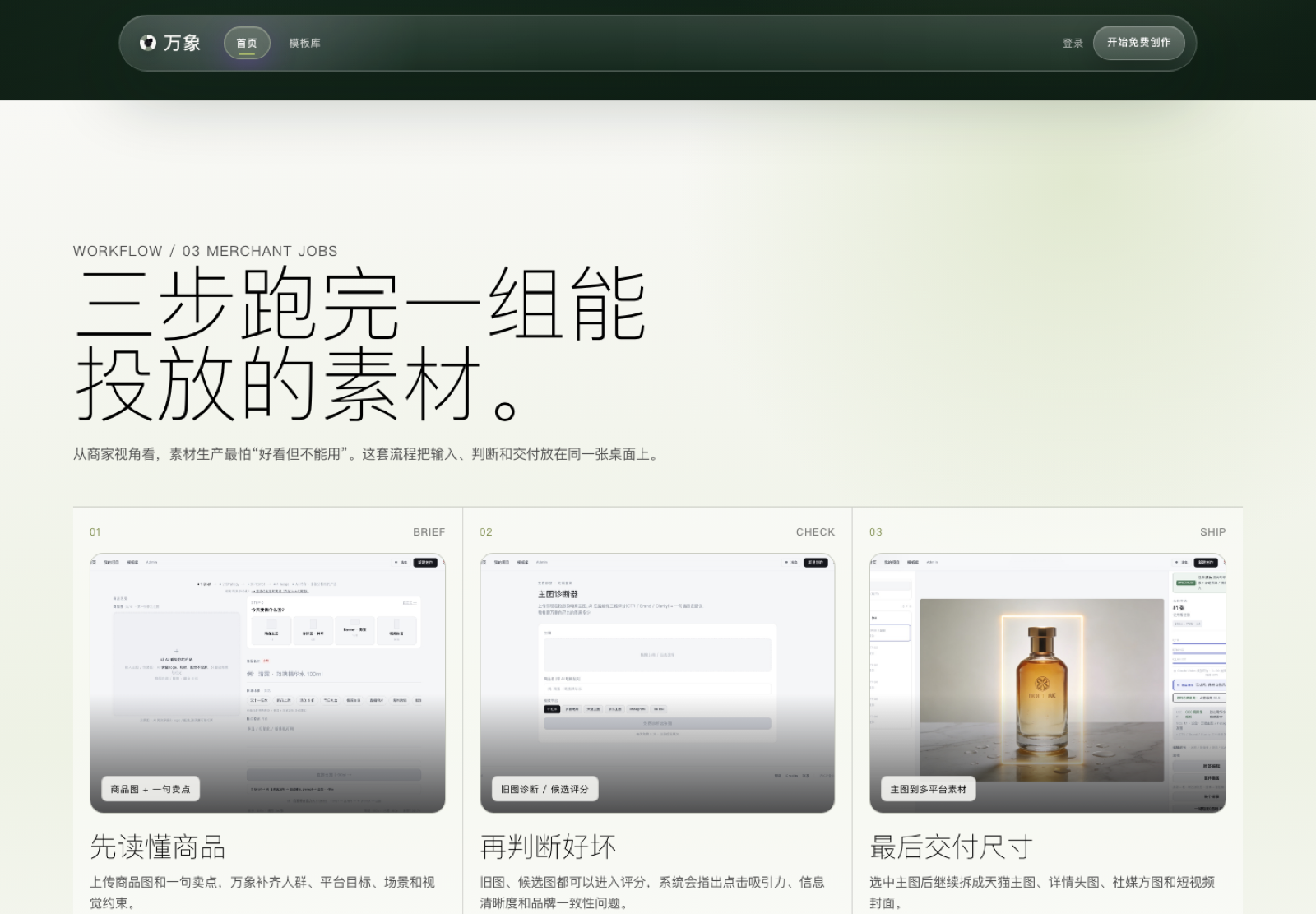 万象从商品 Brief、诊断判断到多平台素材交付的工作流